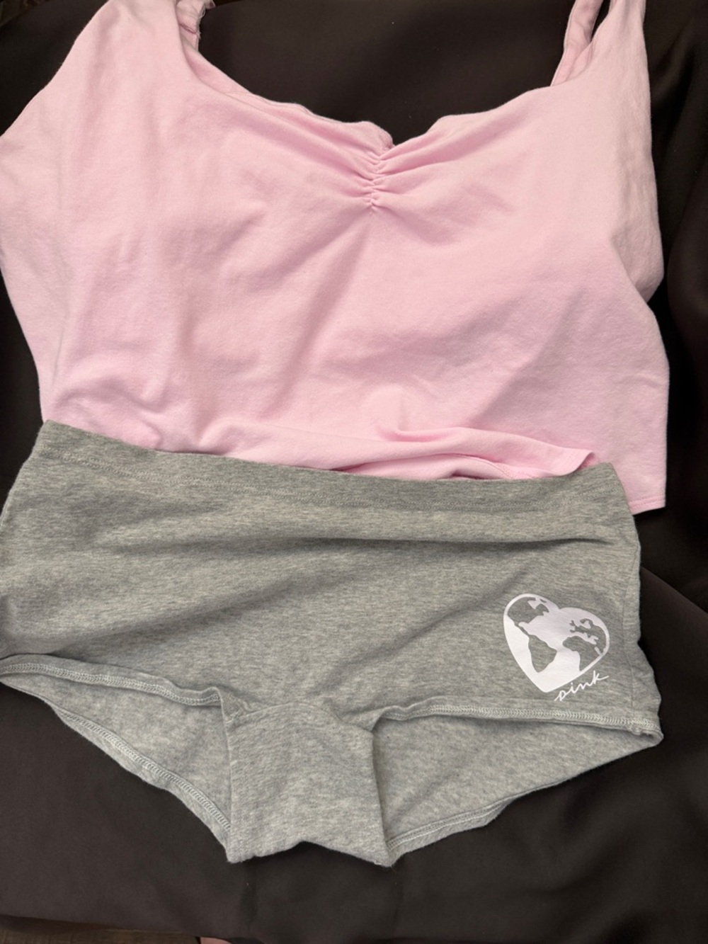 PINK Victoria's Secret Light Pink Cropped Tank and Heather Gray Lounge Shorts